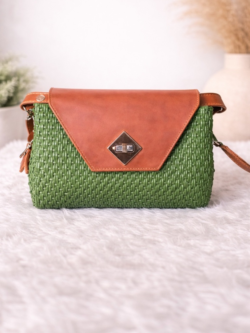 Woven Green Shoulder Bag with Brown Leather Flap